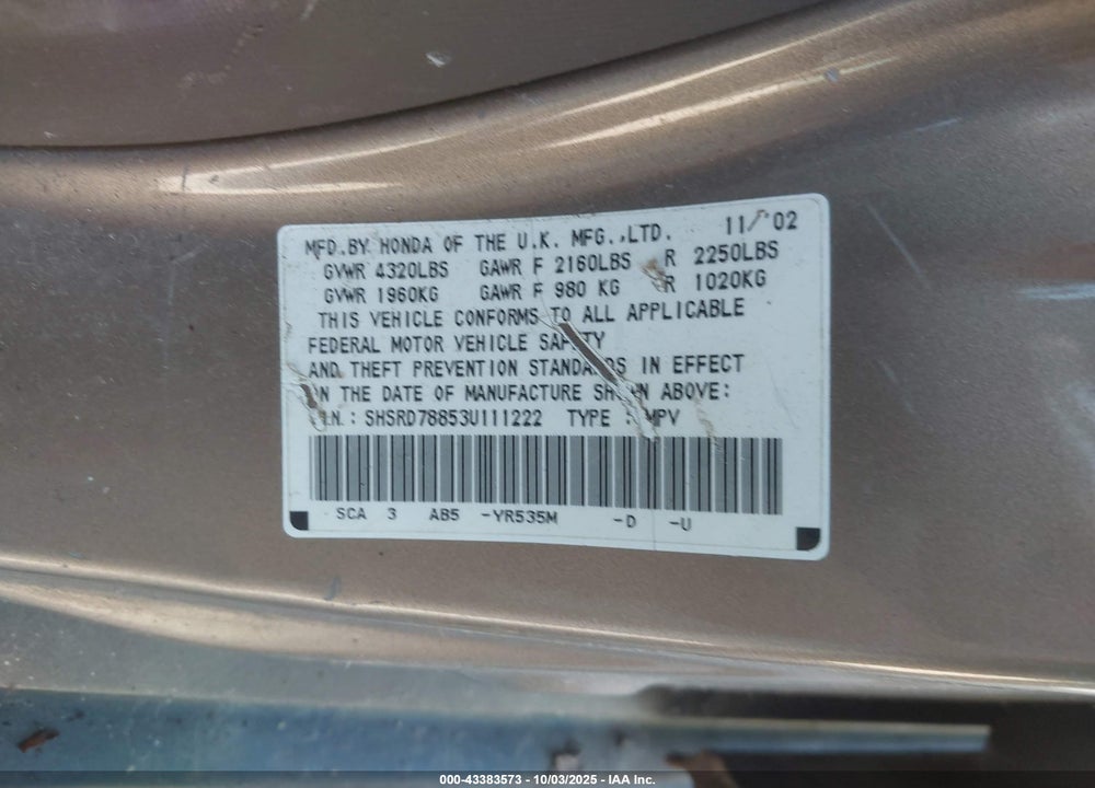 2003 HONDA CR-V EX VIN: SHSRD78853U111222