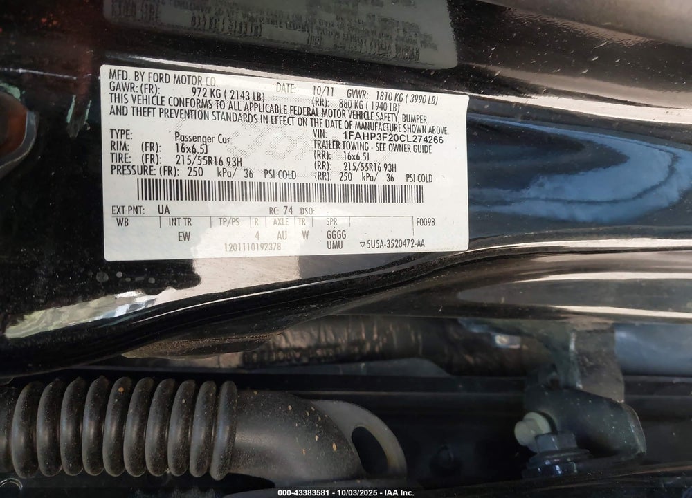 2012 FORD FOCUS VIN: 1FAHP3F20CL274266