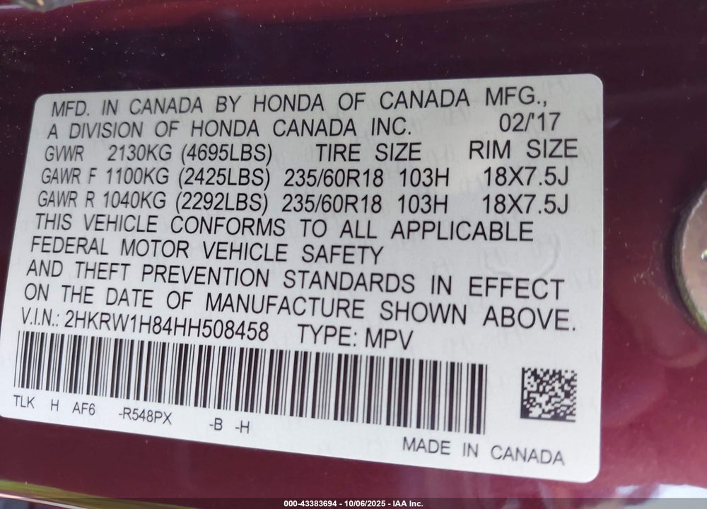 2017 HONDA CR-V VIN: 2HKRW1H84HH508458