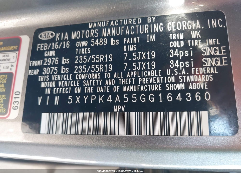 2016 KIA SORENTO VIN: 5XYPK4A55GG164360