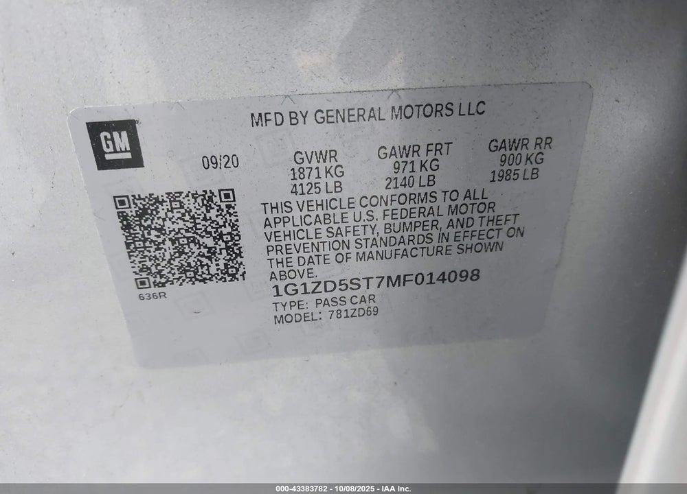 2021 CHEVROLET MALIBU FWD LT VIN: 1G1ZD5ST7MF014098