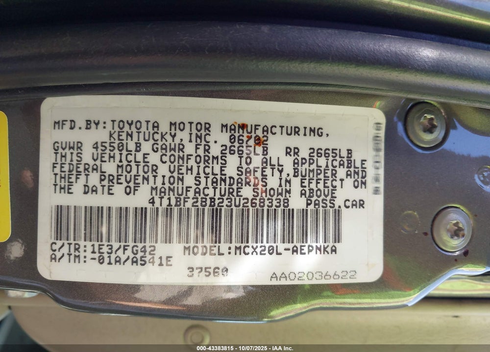 2003 TOYOTA AVALON XL VIN: 4T1BF28B23U268338