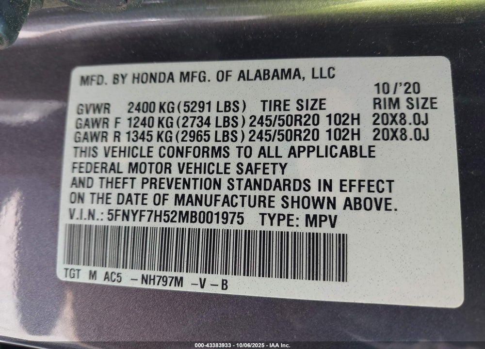 2021 HONDA PASSPORT 2WD EX-L VIN: 5FNYF7H52MB001975
