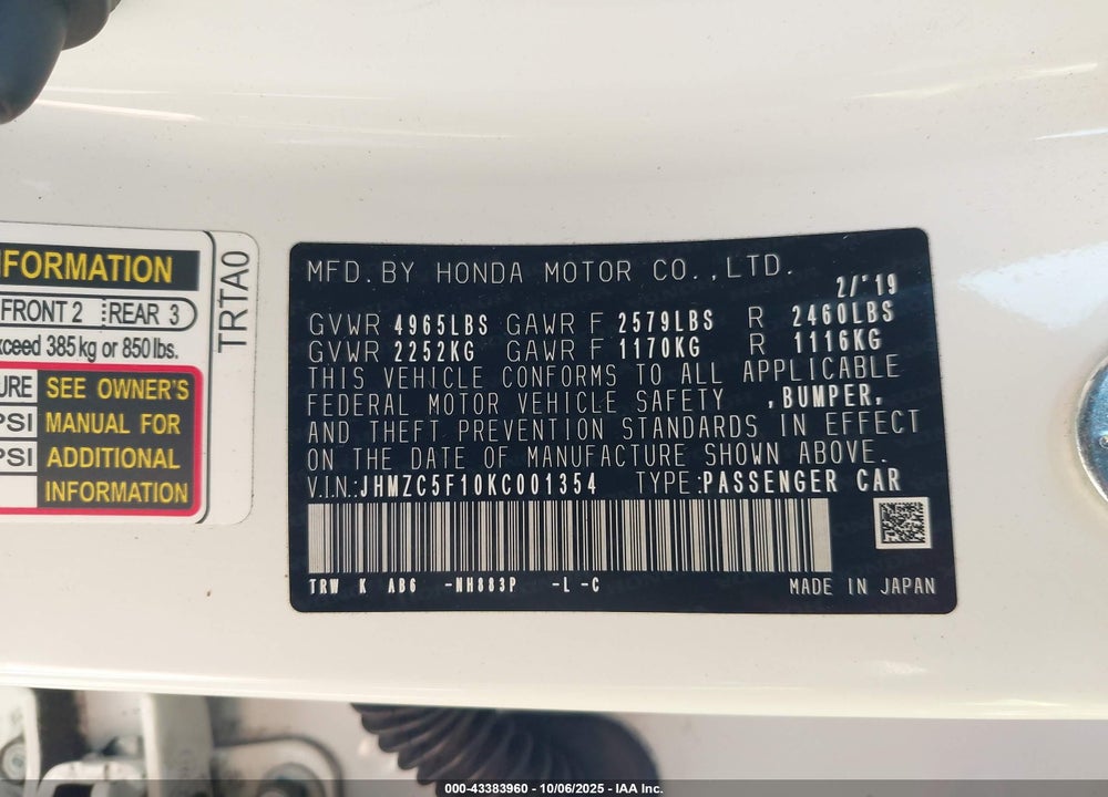 2019 HONDA CLARITY PLUG-IN HYBRID VIN: JHMZC5F10KC001354