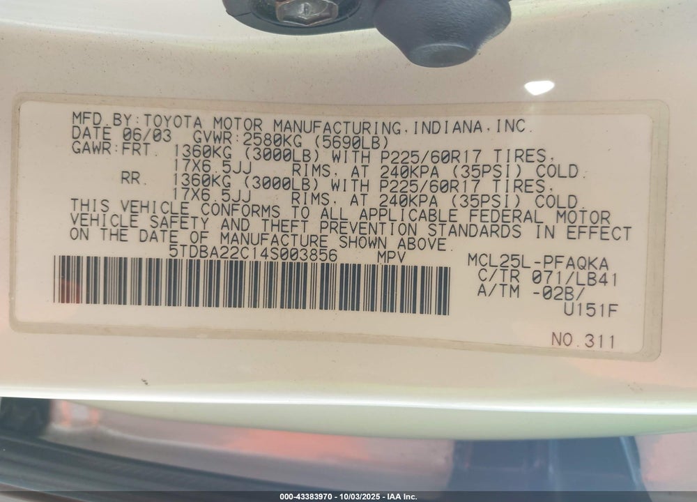 2004 TOYOTA SIENNA XLE LIMITED VIN: 5TDBA22C14S003856