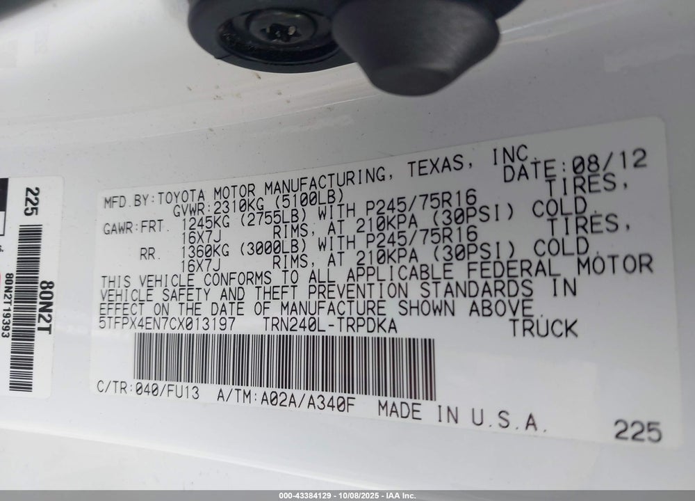 2012 TOYOTA TACOMA VIN: 5TFPX4EN7CX013197