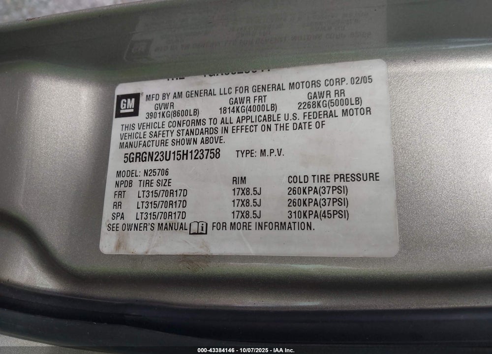 2005 HUMMER H2 SUV VIN: 5GRGN23U15H123758