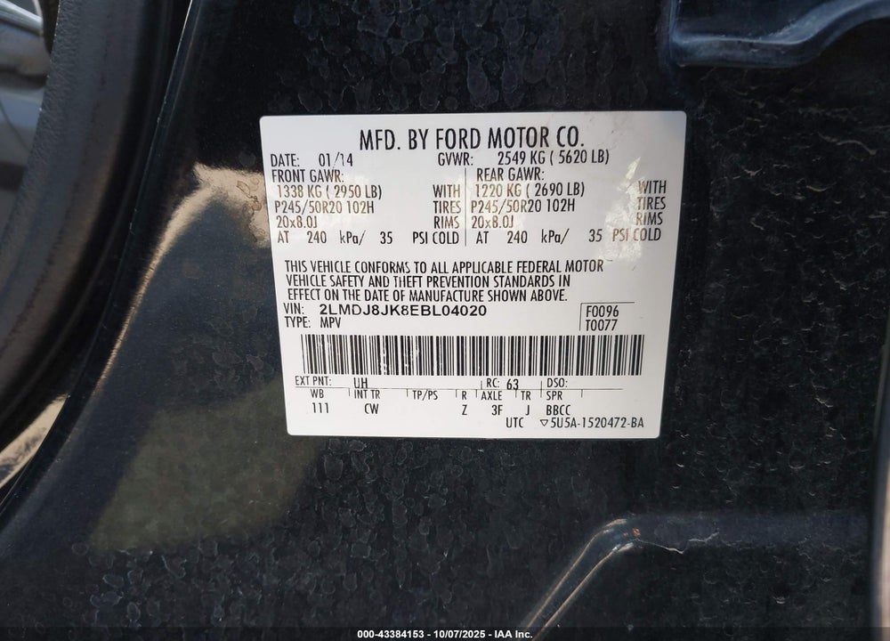 2014 LINCOLN MKX VIN: 2LMDJ8JK8EBL04020
