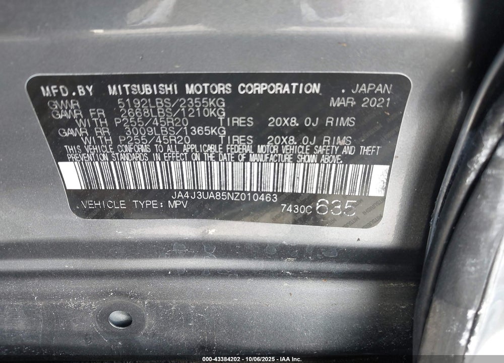 2022 MITSUBISHI OUTLANDER BLACK EDITION 2WD/SE 2.5 2WD/SE LAUNCH EDITION 2WD VIN: JA4J3UA85NZ010463