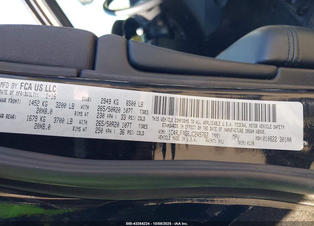 2018 JEEP GRAND CHEROKEE VIN: 1C4RJFAG6JC249762