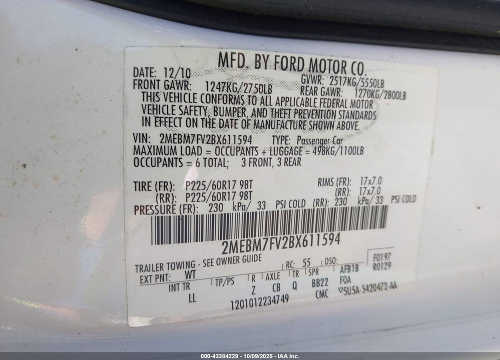 2011 MERCURY GRAND MARQUIS LS (FLEET ONLY) VIN: 2MEBM7FV2BX611594