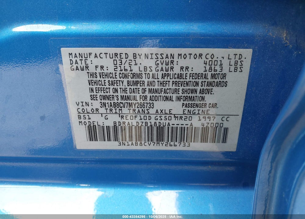 2021 NISSAN SENTRA VIN: 3N1AB8CV7MY266733