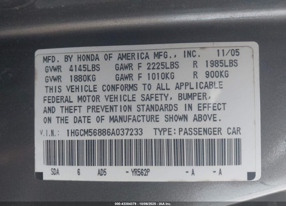 2006 HONDA ACCORD VIN: 1HGCM56886A037233