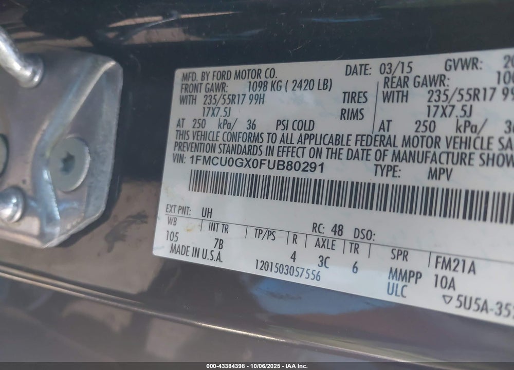 2015 FORD ESCAPE SE VIN: 1FMCU0GX0FUB80291