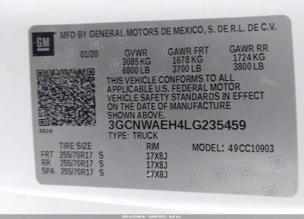 2020 CHEVROLET SILVERADO 1500 2WD LONG BED WT VIN: 3GCNWAEH4LG235459