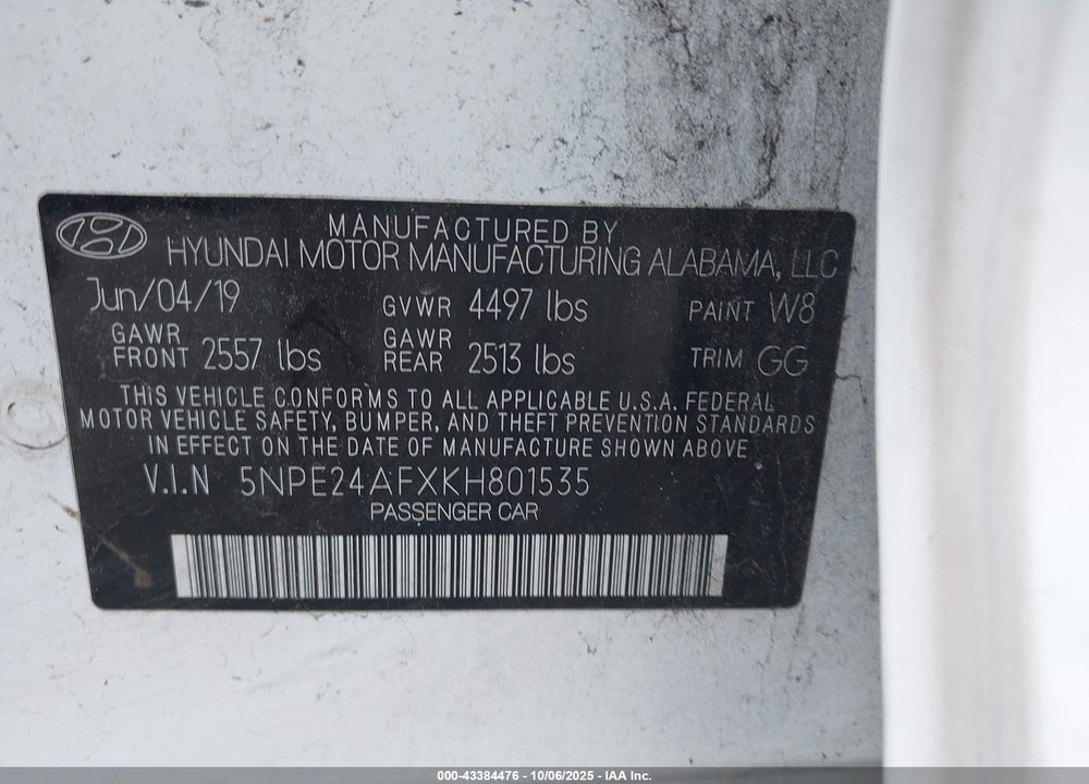 2019 HYUNDAI SONATA VIN: 5NPE24AFXKH801535