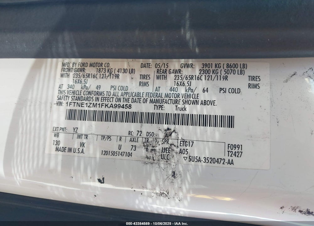 2015 FORD TRANSIT-150 VIN: 1FTNE1ZM1FKA99458