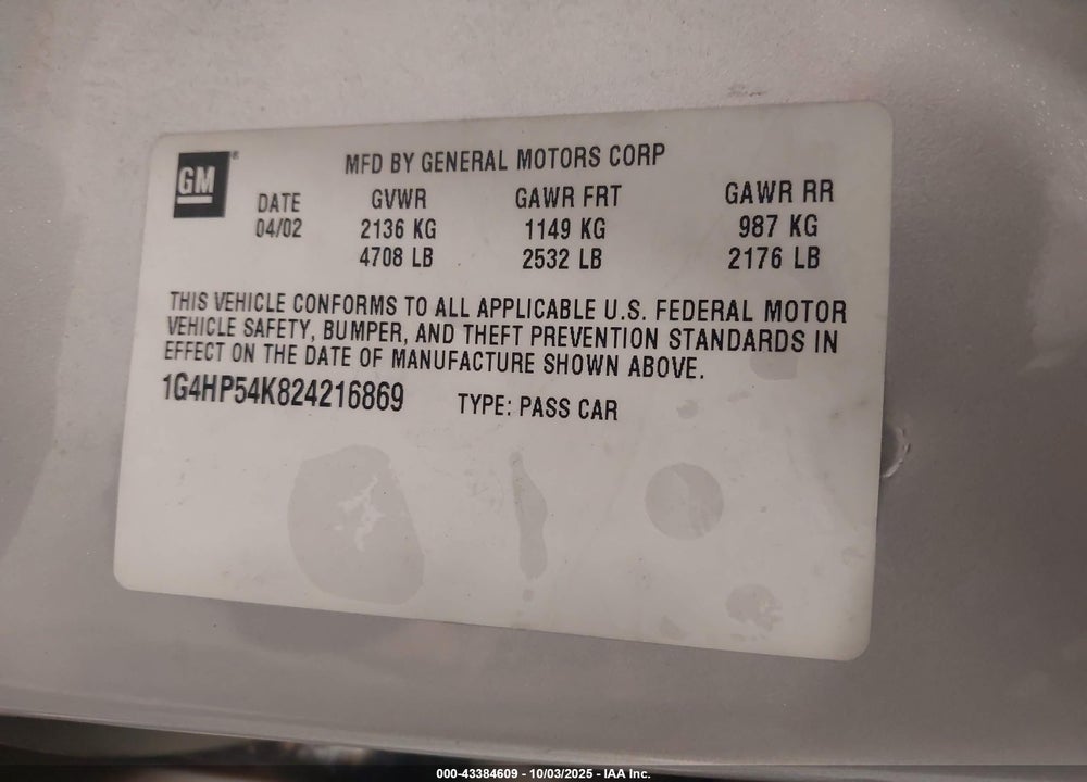 2002 BUICK LESABRE CUSTOM VIN: 1G4HP54K824216869
