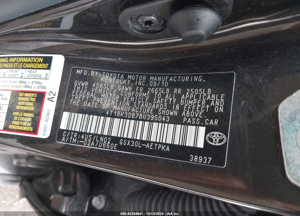 2011 TOYOTA AVALON LIMITED VIN: 4T1BK3DB7BU395043