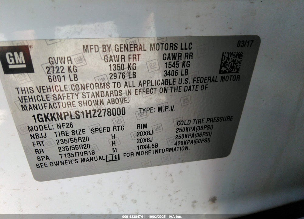 2017 GMC ACADIA VIN: 1GKKNPLS1HZ278000