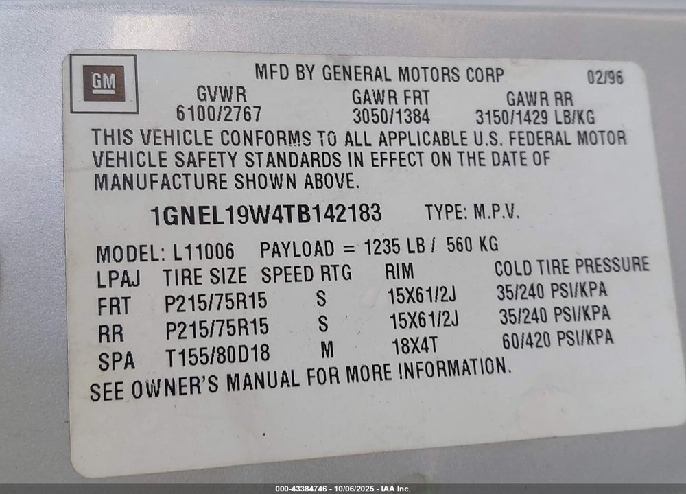 1996 CHEVROLET ASTRO VIN: 1GNEL19W4TB142183