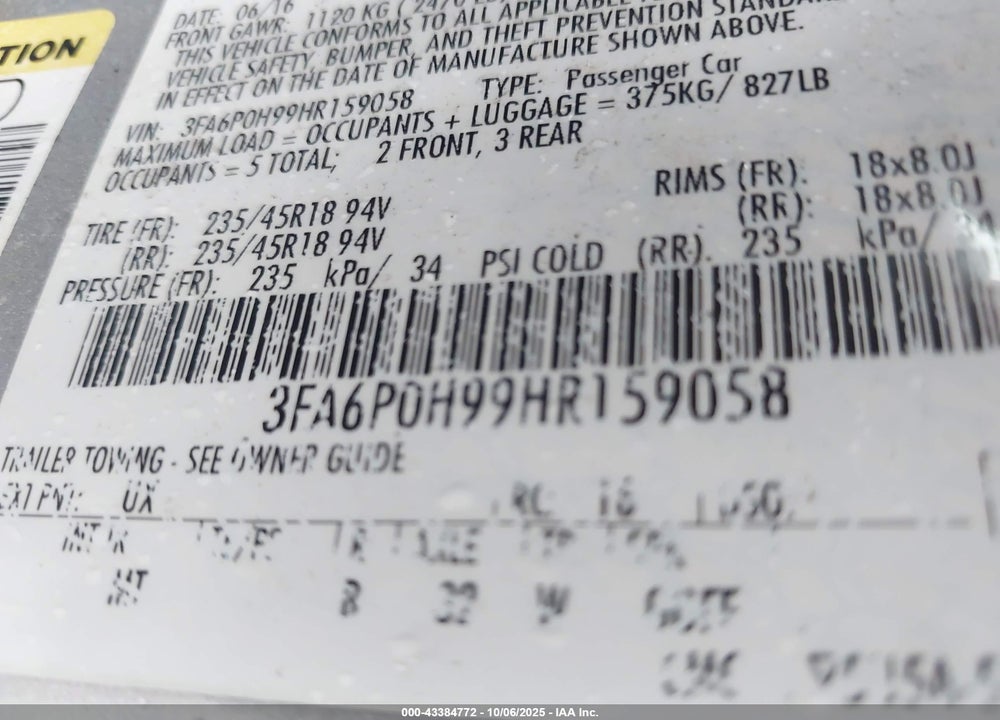2017 FORD FUSION VIN: 3FA6P0H99HR159058