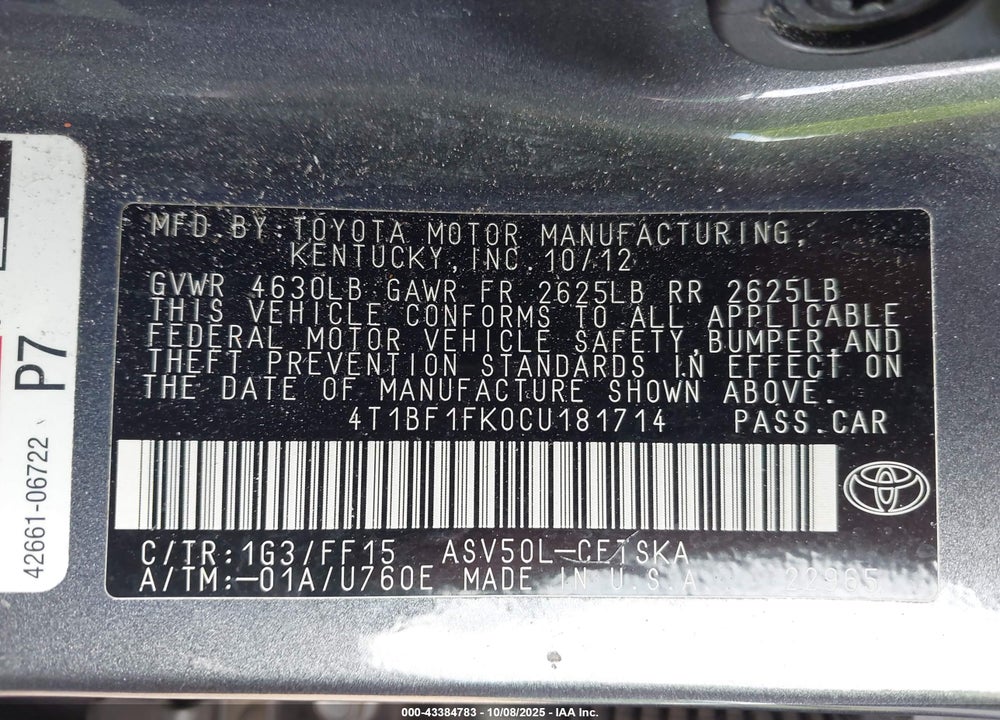 2012 TOYOTA CAMRY SE VIN: 4T1BF1FK0CU181714