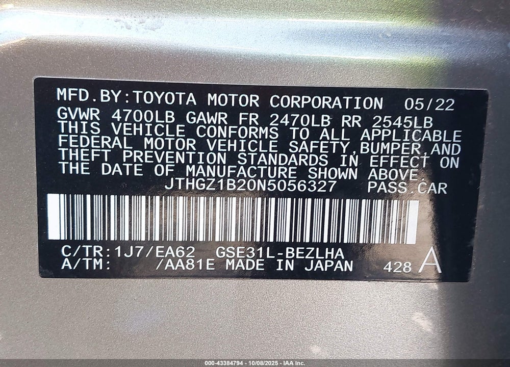 2022 LEXUS IS 350 VIN: JTHGZ1B20N5056327