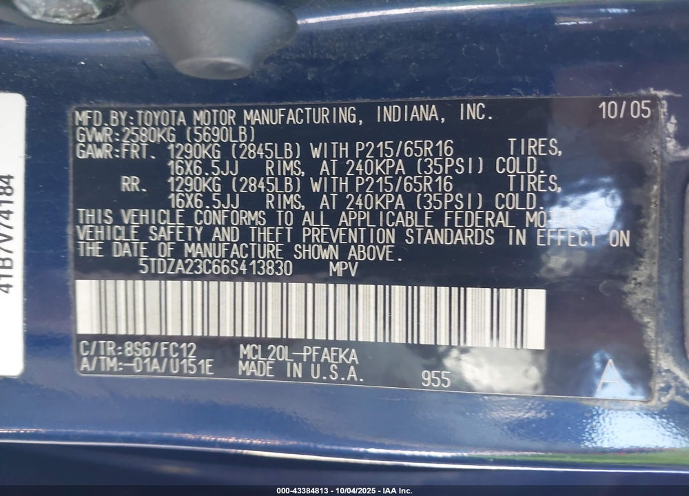 2006 TOYOTA SIENNA LE VIN: 5TDZA23C66S413830