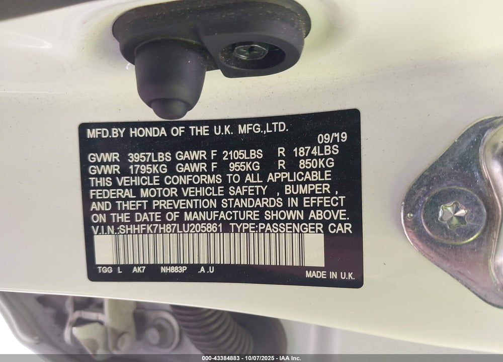 2020 HONDA CIVIC EX-L VIN: SHHFK7H87LU205861