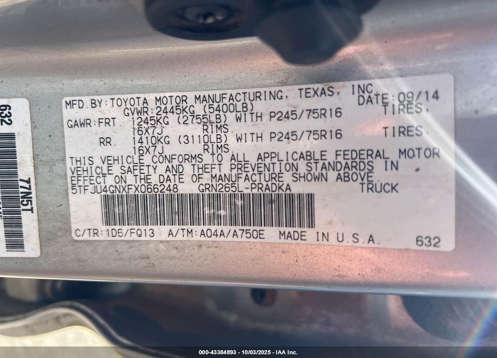 2015 TOYOTA TACOMA VIN: 5TFJU4GNXFX066248