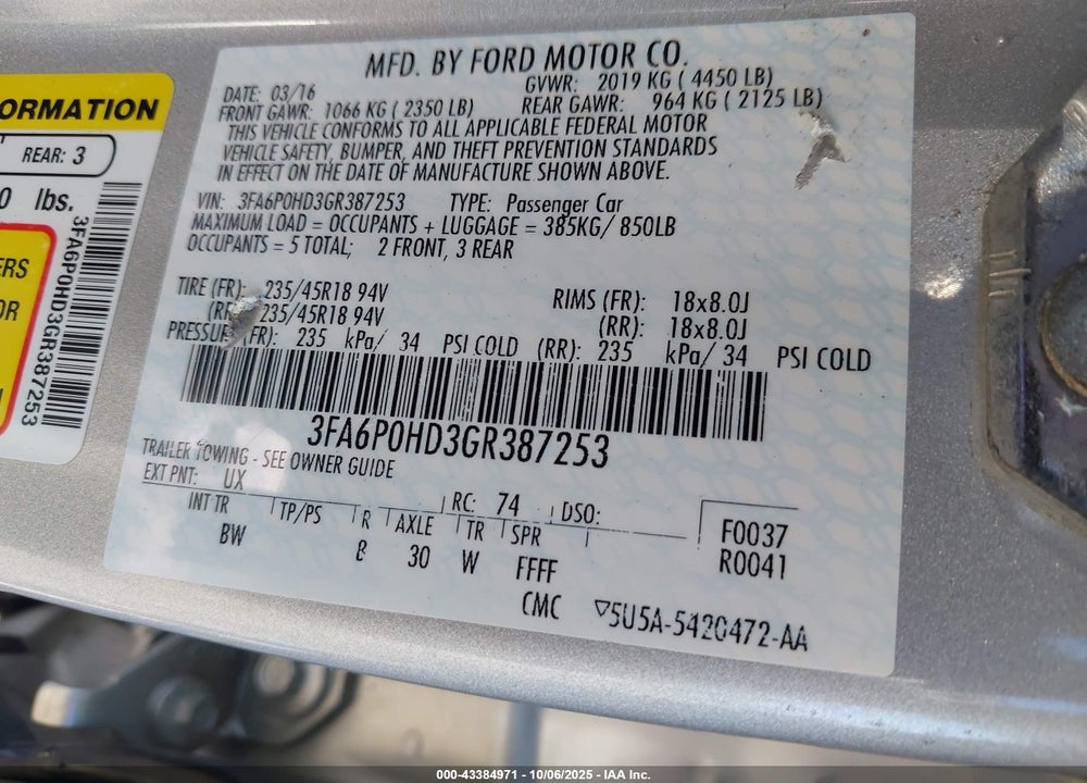 2016 FORD FUSION VIN: 3FA6P0HD3GR387253