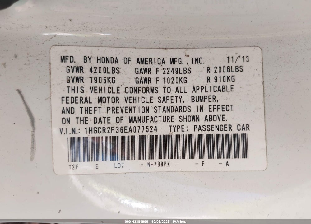 2014 HONDA ACCORD VIN: 1HGCR2F36EA077524