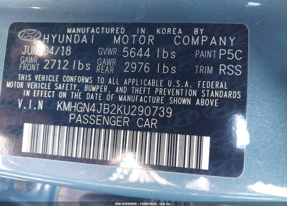 2019 GENESIS G80 VIN: KMHGN4JB2KU290739
