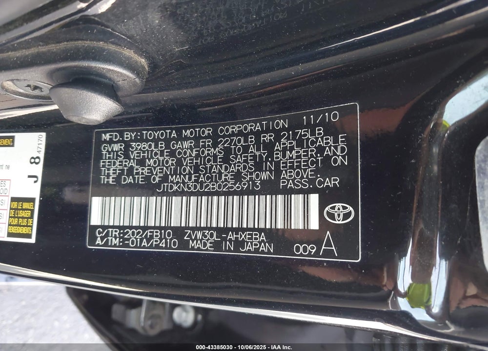 2011 TOYOTA PRIUS VIN: JTDKN3DU2B0256913