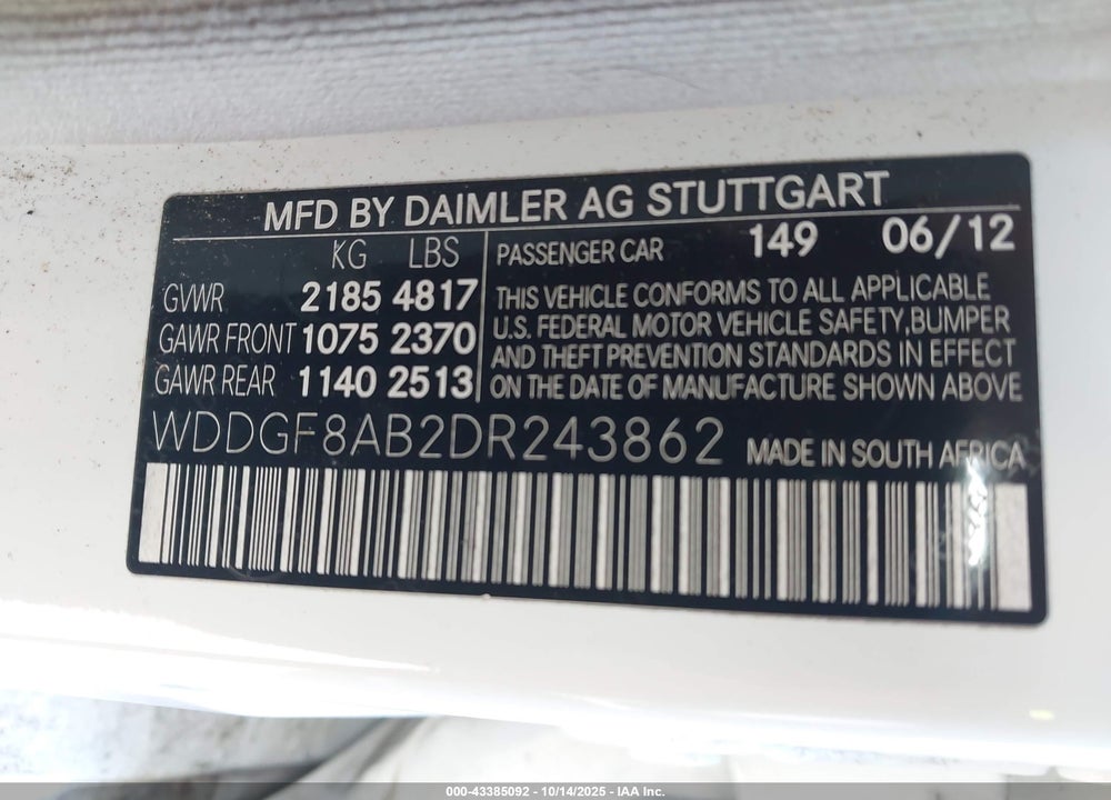 2013 MERCEDES-BENZ C 300 SPORT 4MATIC VIN: WDDGF8AB2DR243862