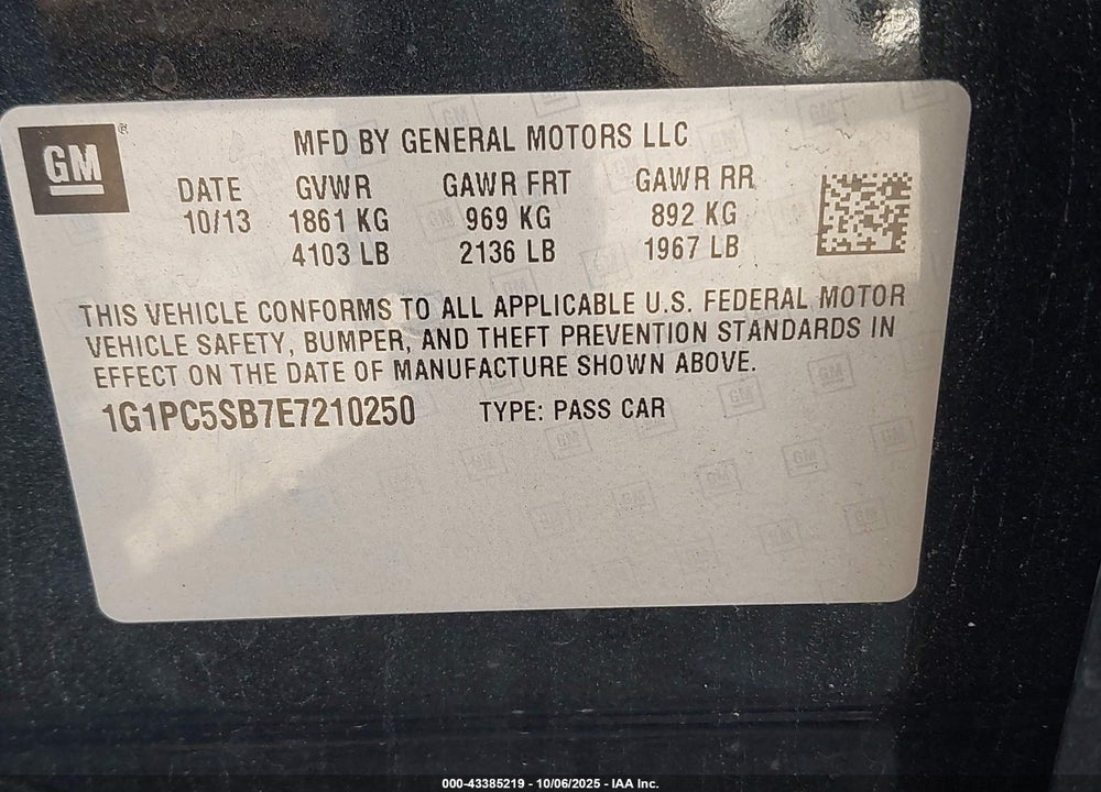 2014 CHEVROLET CRUZE 1LT AUTO VIN: 1G1PC5SB7E7210250