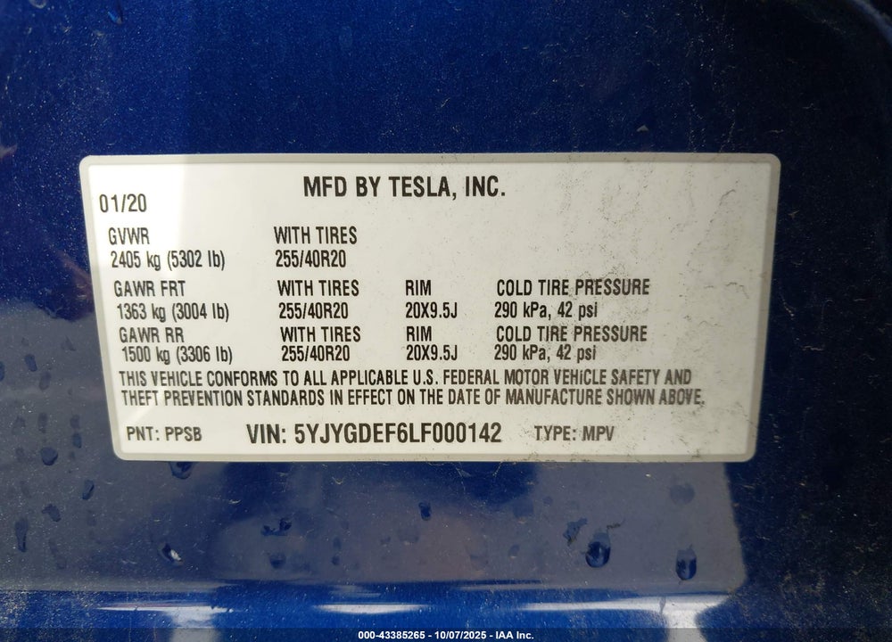 2020 TESLA MODEL Y VIN: 5YJYGDEF6LF000142
