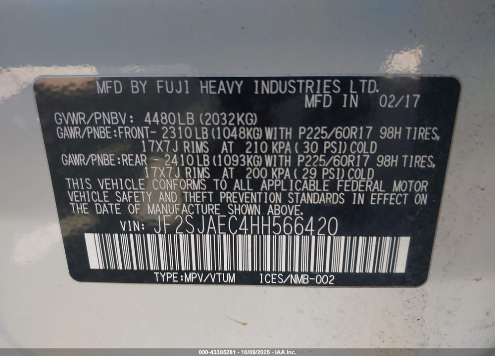 2017 SUBARU FORESTER 2.5I PREMIUM VIN: JF2SJAEC4HH566420