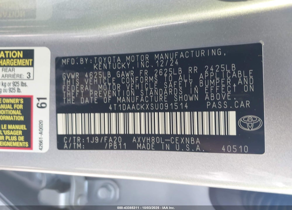 2025 TOYOTA CAMRY LE VIN: 4T1DAACKXSU091514