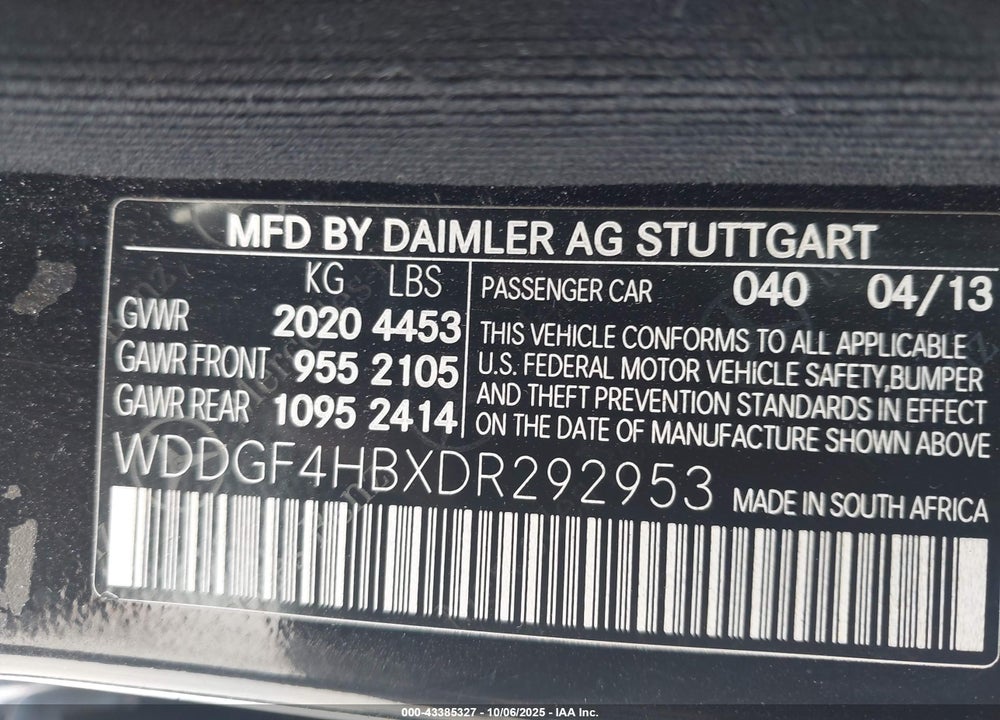 2013 MERCEDES-BENZ C CLASS VIN: WDDGF4HBXDR292953