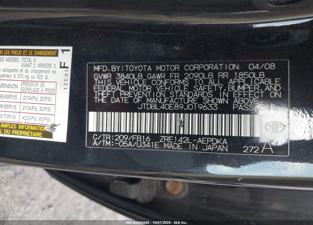 2009 TOYOTA COROLLA VIN: JTDBL40E89J019633