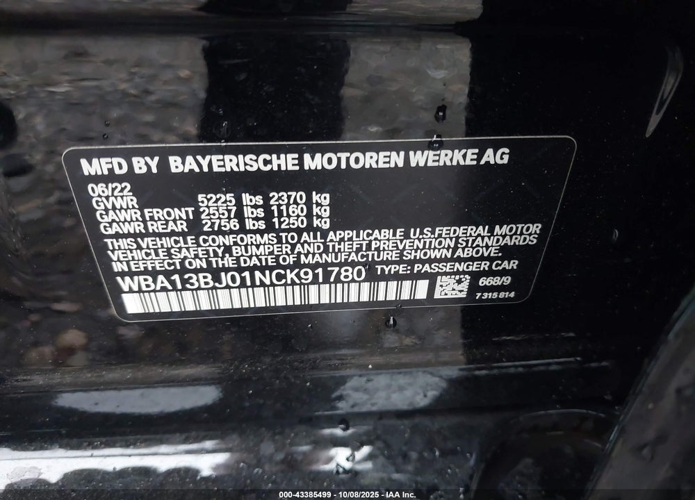 2022 BMW 530 I XDRIVE VIN: WBA13BJ01NCK91780