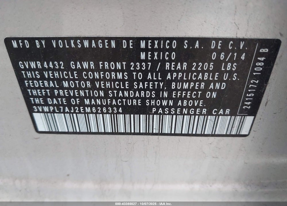 2014 VOLKSWAGEN JETTA SPORTWAGEN 2.0L TDI VIN: 3VWPL7AJ2EM626334