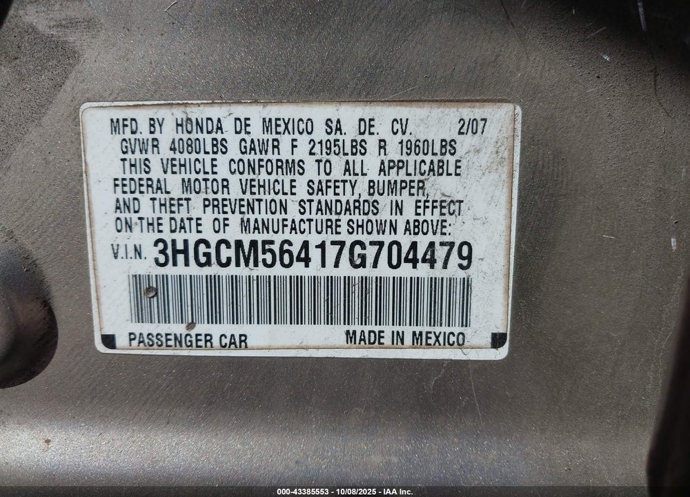 2007 HONDA ACCORD 2.4 LX VIN: 3HGCM56417G704479