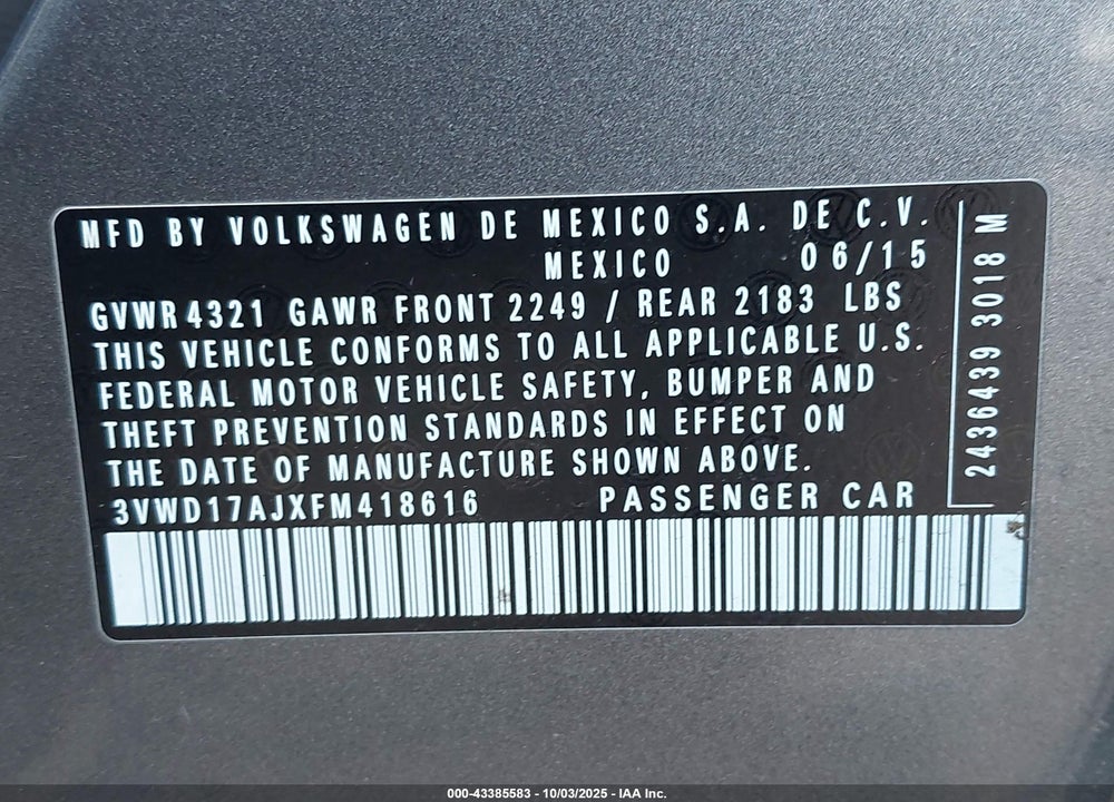 2015 VOLKSWAGEN JETTA VIN: 3VWD17AJXFM418616