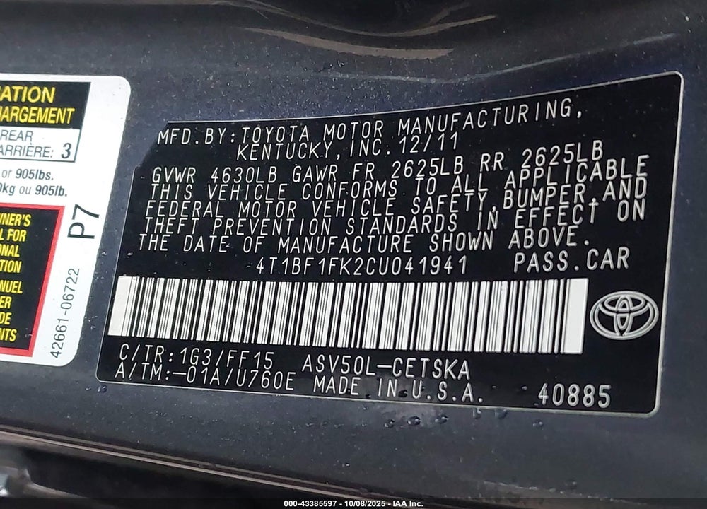2012 TOYOTA CAMRY SE VIN: 4T1BF1FK2CU041941