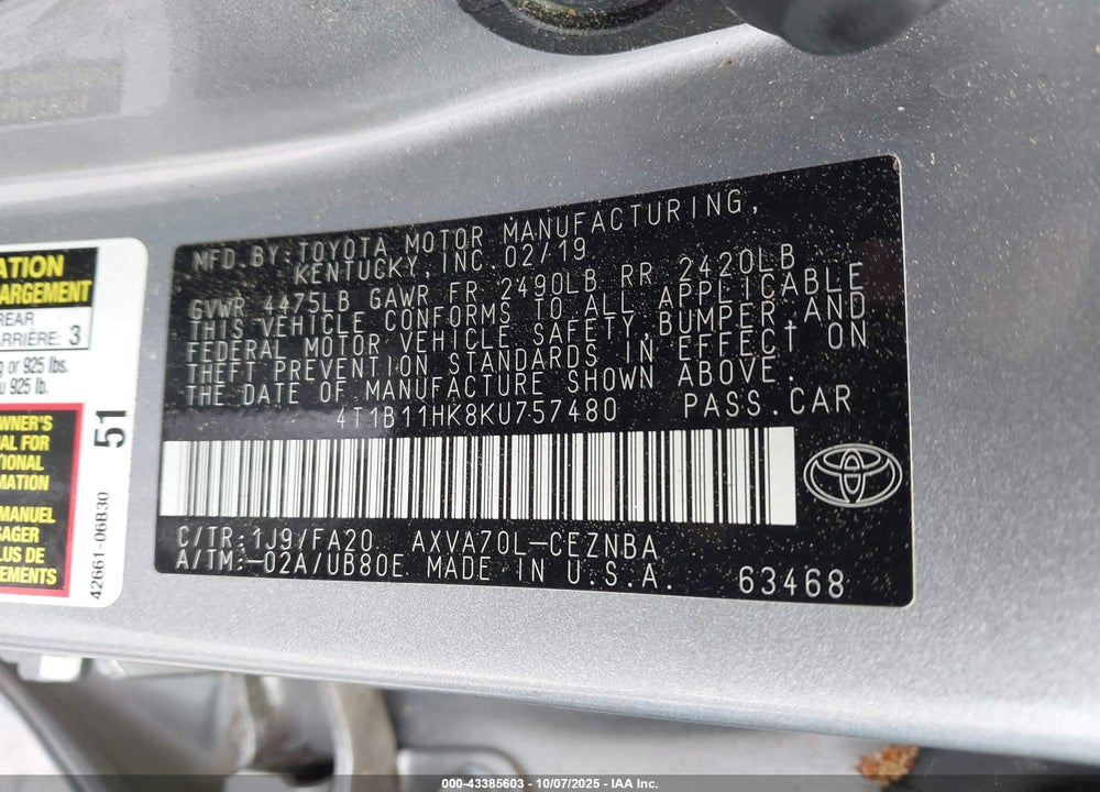 2019 TOYOTA CAMRY LE VIN: 4T1B11HK8KU757480