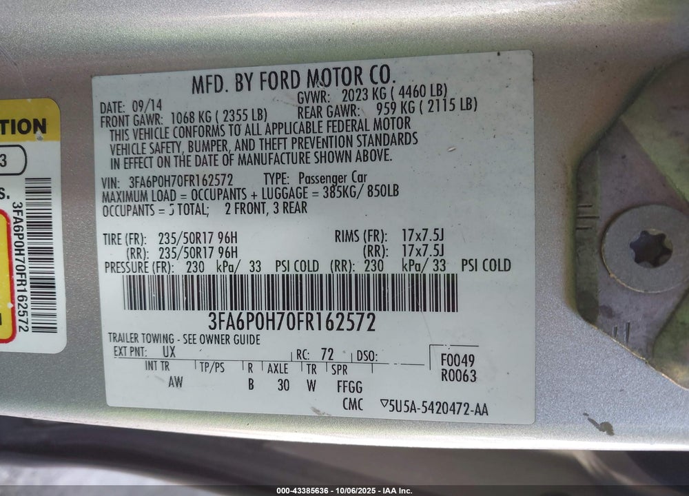2015 FORD FUSION VIN: 3FA6P0H70FR162572