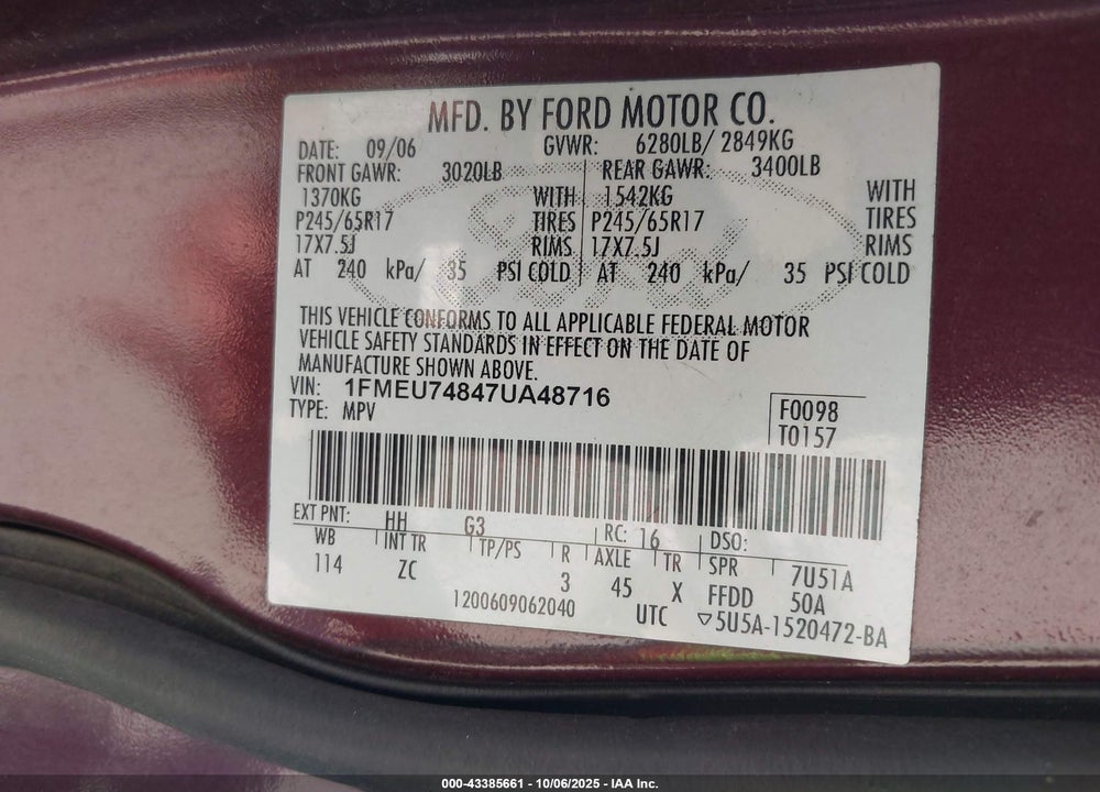 2007 FORD EXPLORER VIN: 1FMEU74847UA48716
